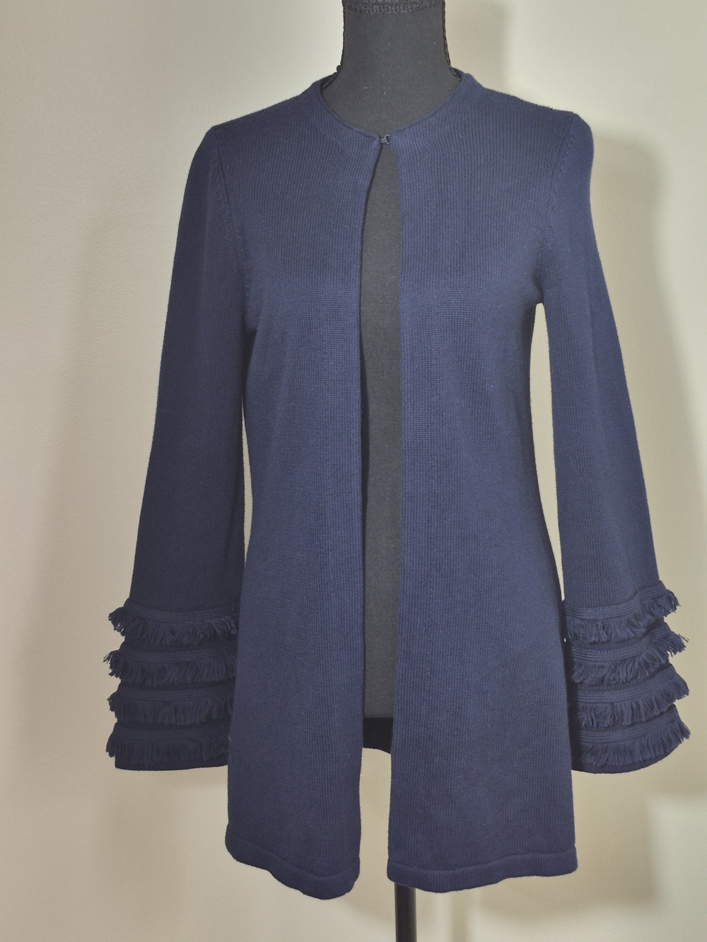 J McLaughlin Harlow Fringe Sleeve Cardigan Navy Open Front Knit XS